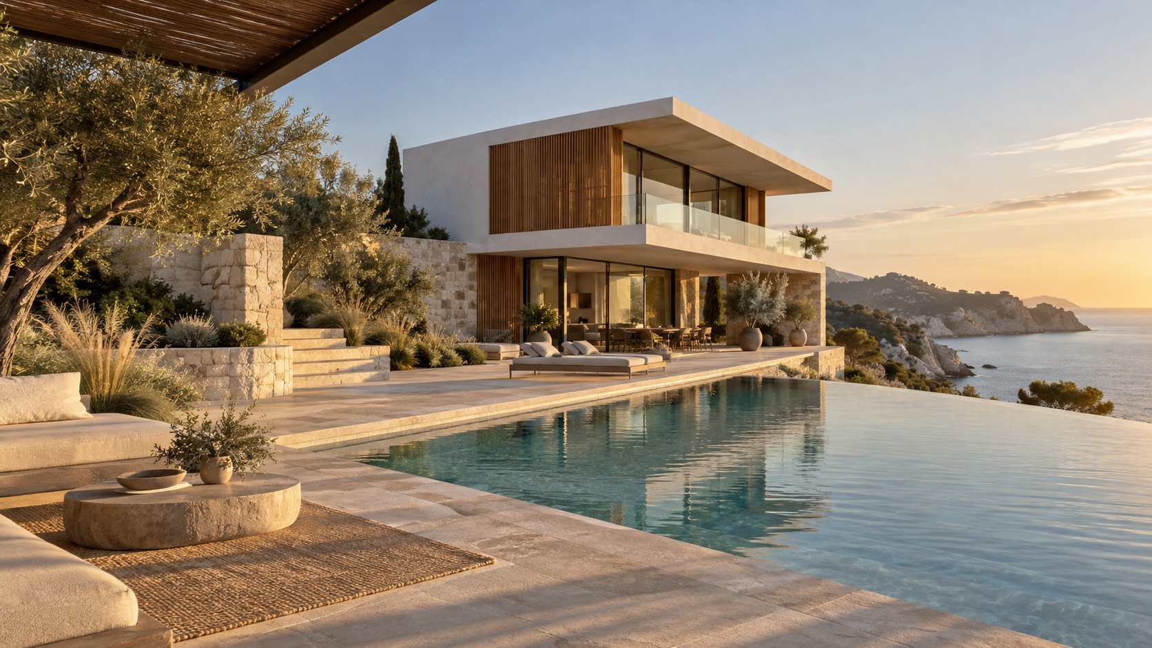Středomořská vila s bazénem v teplém večerním světle — ilustrační fotografie